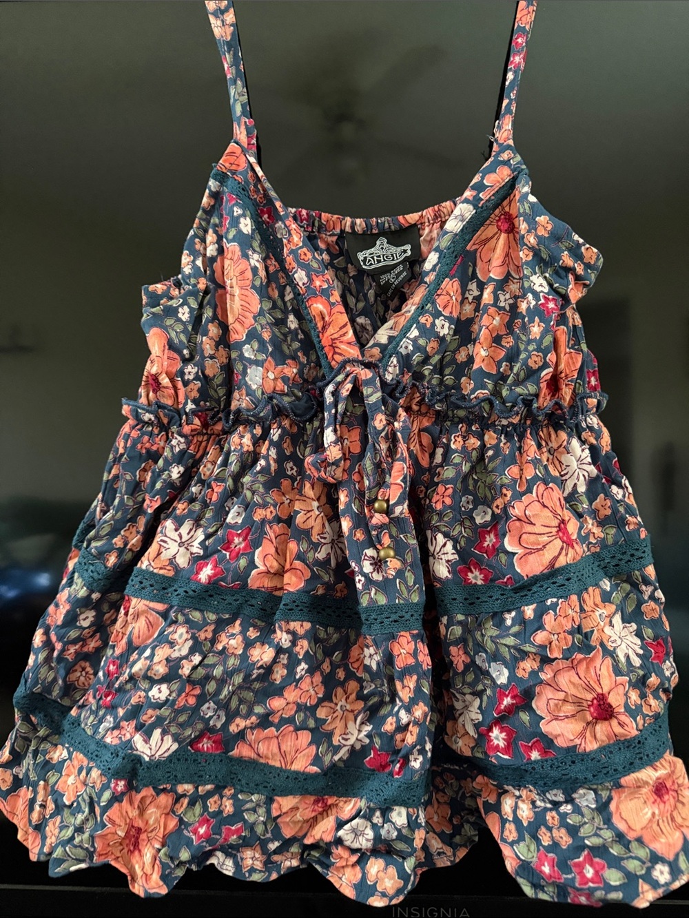 Angie Navy Floral Tie-Front Tank Top with Peach Blooms